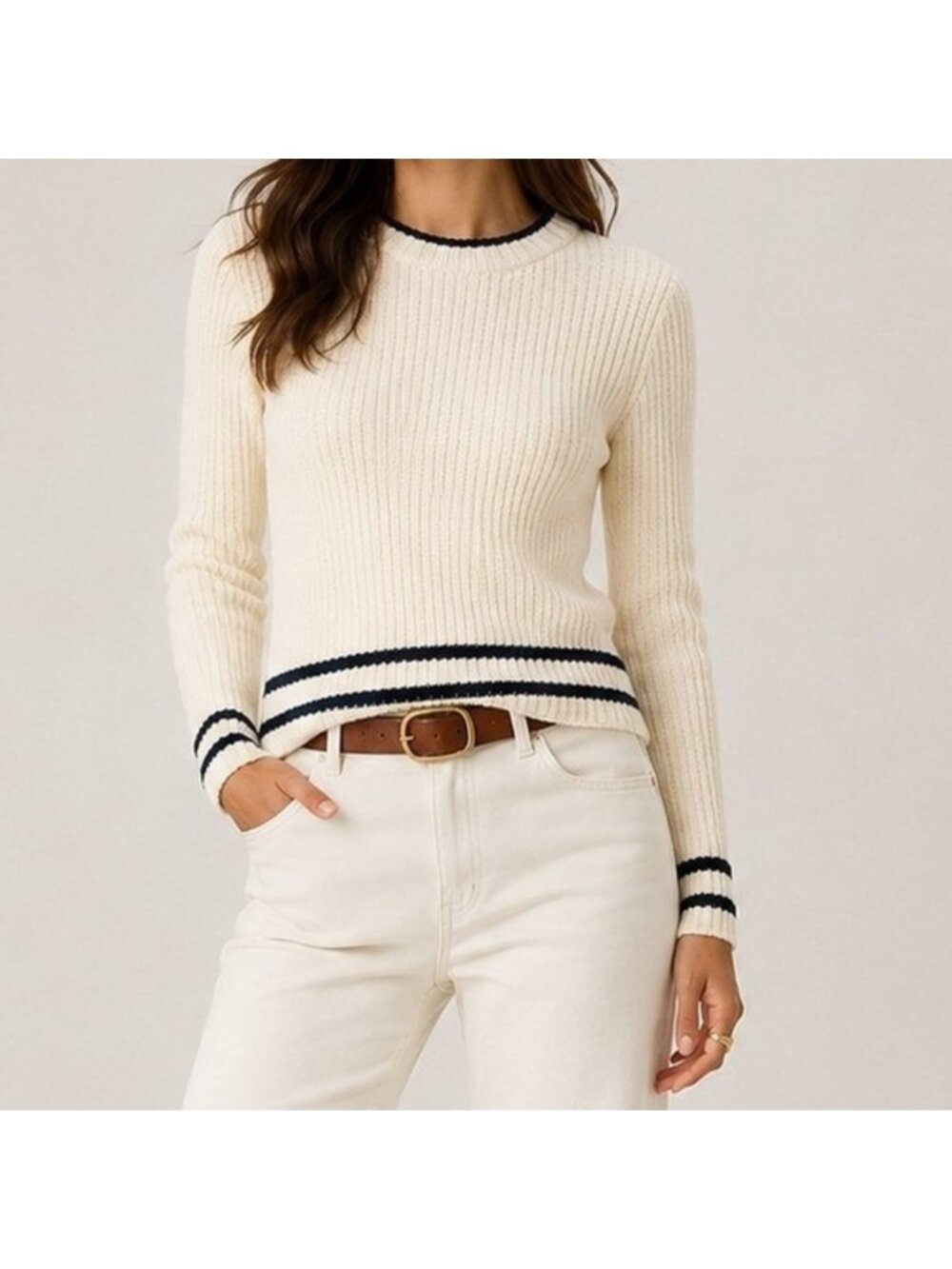 Madewell Boucle Knit Crewneck Sweater Ribbed Striped Cream‎ Navy NY859 XS NWT